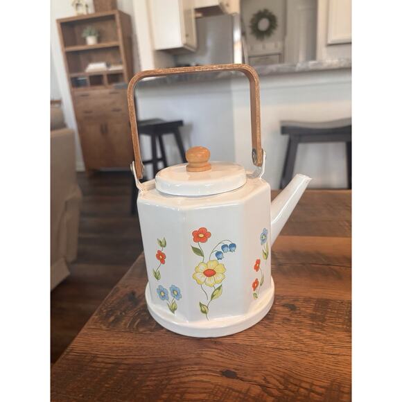 Vintage Tea Kettle Kamenstein White Enamel Bohemian Floral Tea Pot Japan Retro - Picture 10 of 11